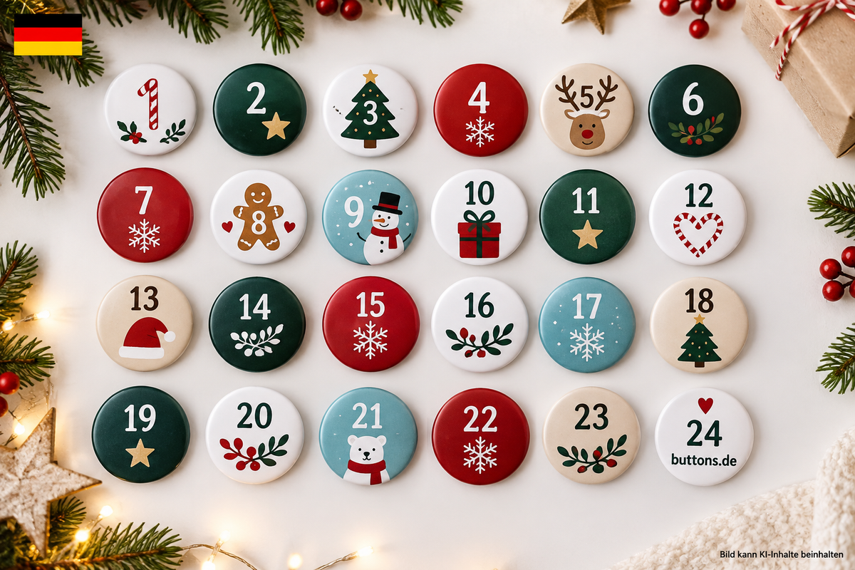 Button-Adventskalender 2026 mit 24 individuell gestalteten Ansteckbuttons für Deutschland