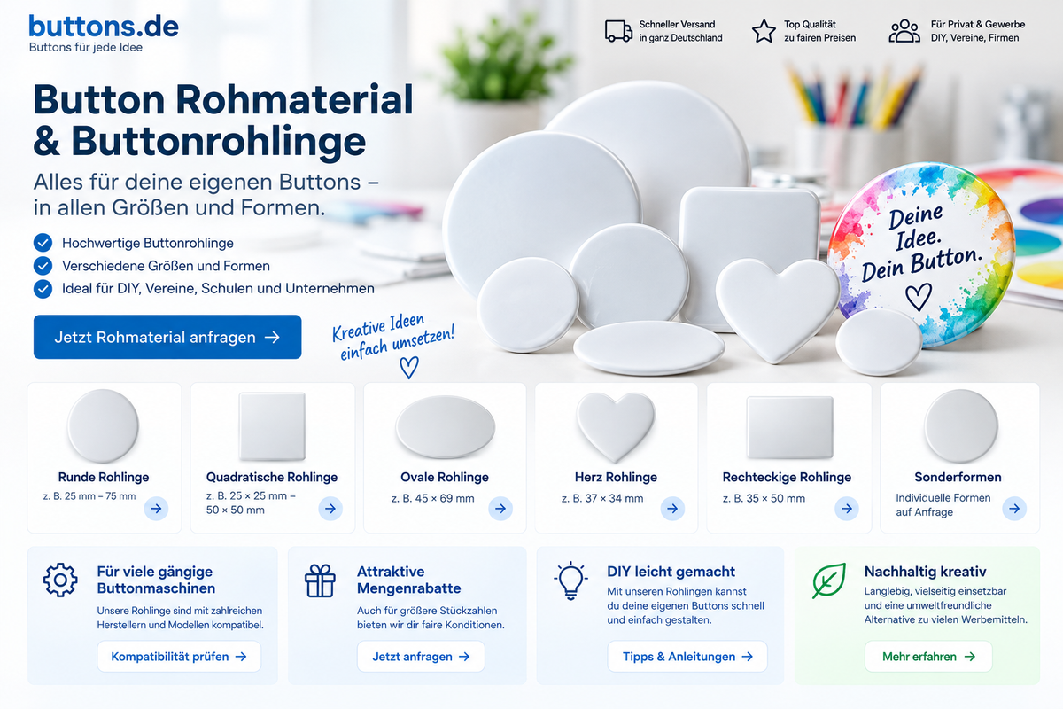 Buttonrohlinge und Oberteile in unterschiedlichen Größen und Formen