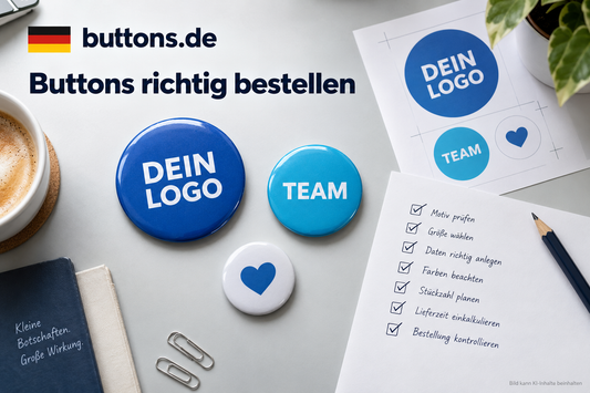 Blaue und weiße Ansteckbuttons mit Logo- und Teammotiven neben Druckvorlagen und einer Bestellcheckliste.
