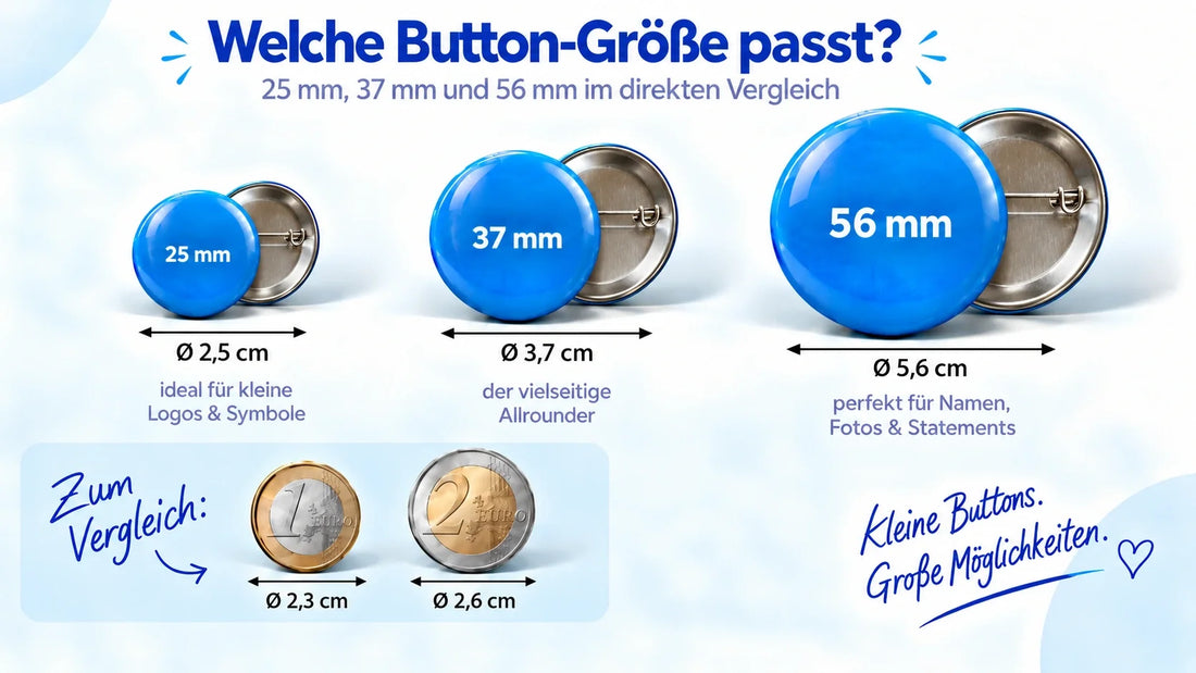 KI-Illustration: blaue Ansteckbuttons mit 25, 37 und 56 mm Durchmesser, teilweise sichtbaren Nadelrückseiten und Euro-Münzen zur Orientierung; nicht maßstabsgetreu.