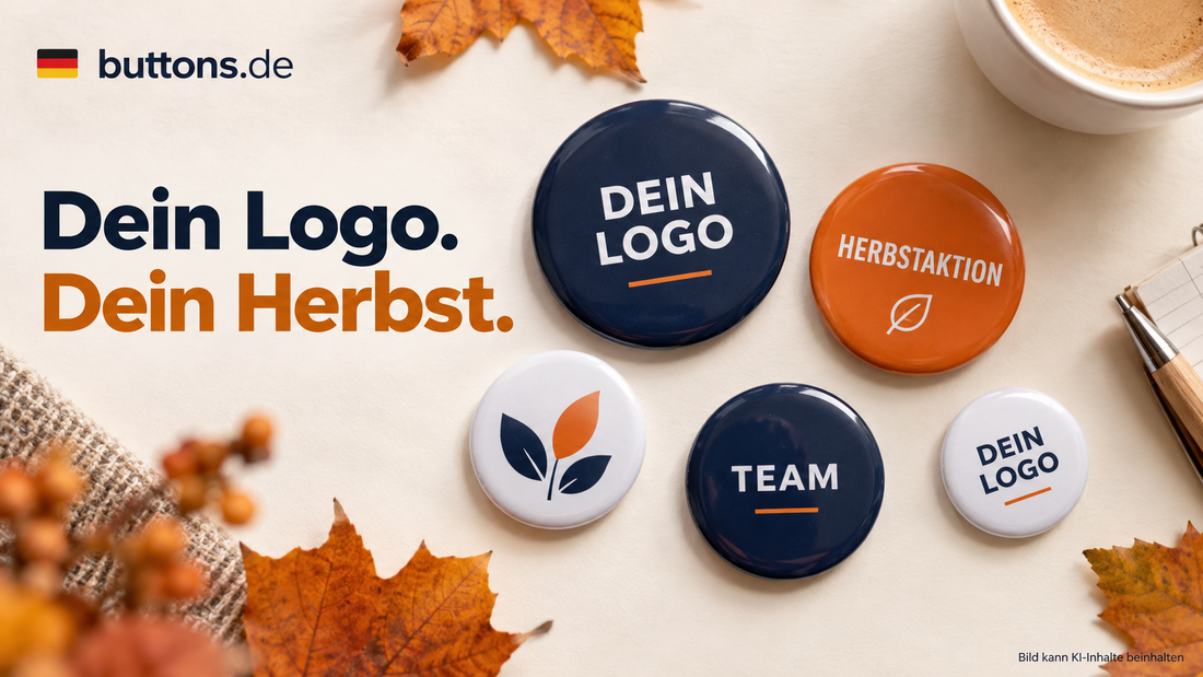 Metall-Ansteckbuttons mit Logo-, Team- und Herbstmotiven in Blau und Orange, zwischen Herbstblättern.