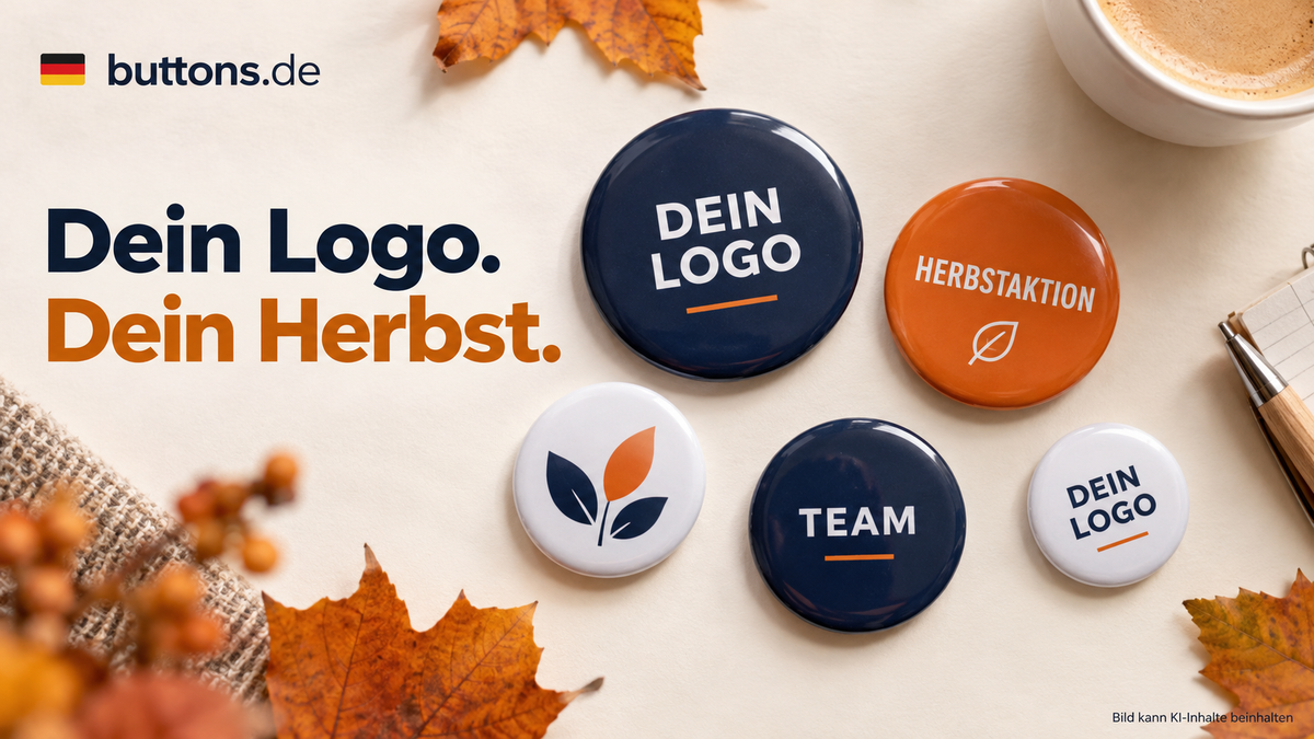 Metall-Ansteckbuttons mit Logo-, Team- und Herbstmotiven in Blau und Orange, zwischen Herbstblättern.