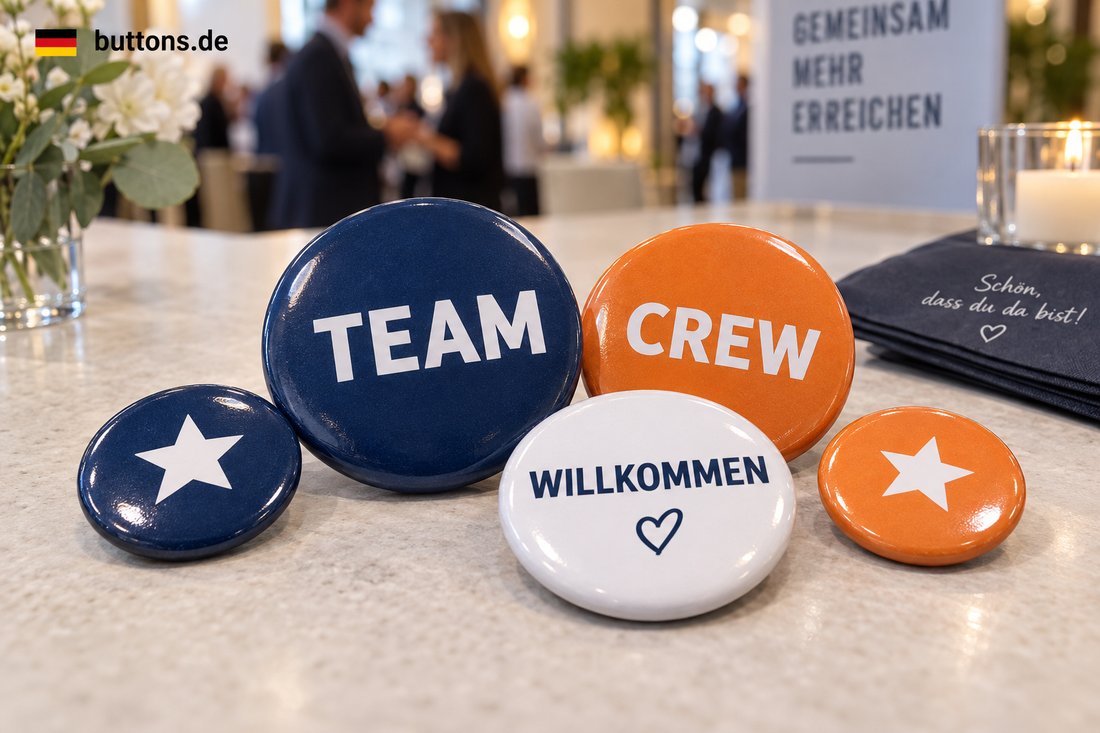 Blaue, orange und weiße Ansteckbuttons mit Team-, Crew- und Willkommen-Motiven für eine Firmenfeier.