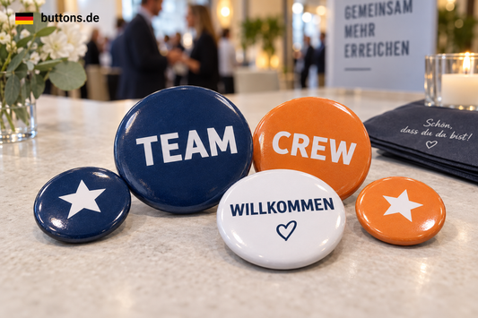 Blaue, orange und weiße Ansteckbuttons mit Team-, Crew- und Willkommen-Motiven für eine Firmenfeier.