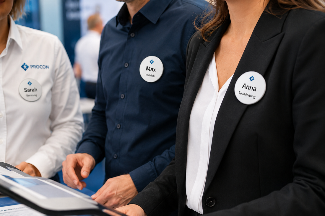Buttons für Mitarbeiter mit Firmenlogo für Unternehmen in Deutschland