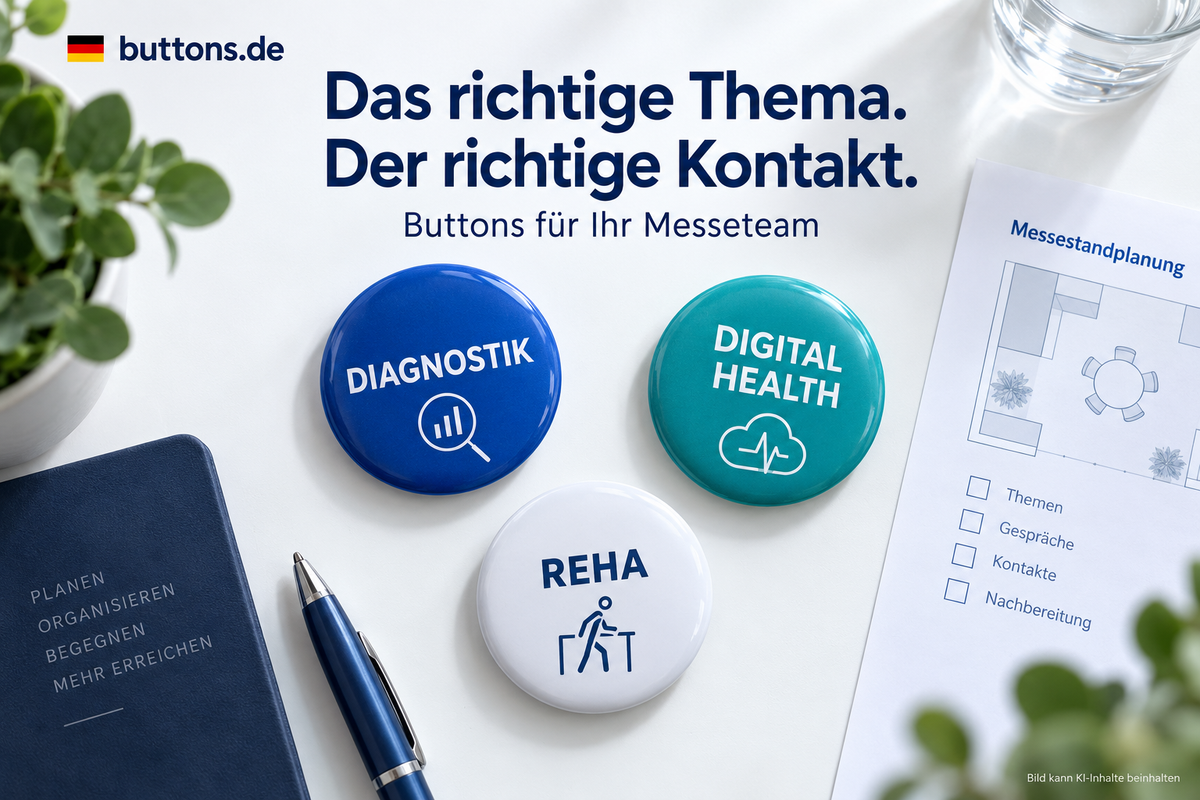 Blaue, türkise und weiße Ansteckbuttons mit Diagnostik, Digital Health und Reha neben einer Messestandplanung.