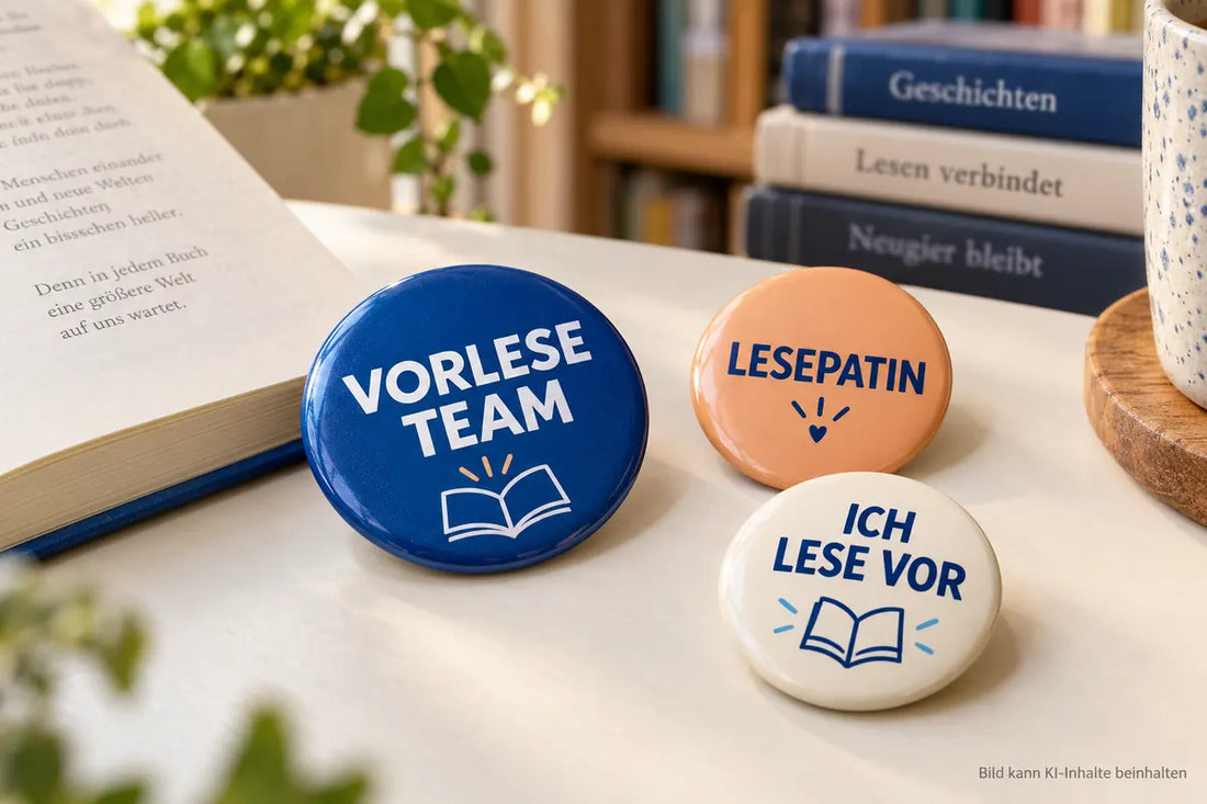 Blaue, apricotfarbene und cremeweiße Ansteckbuttons mit Vorleseteam, Lesepatin und Ich lese vor neben einem geöffneten Buch.