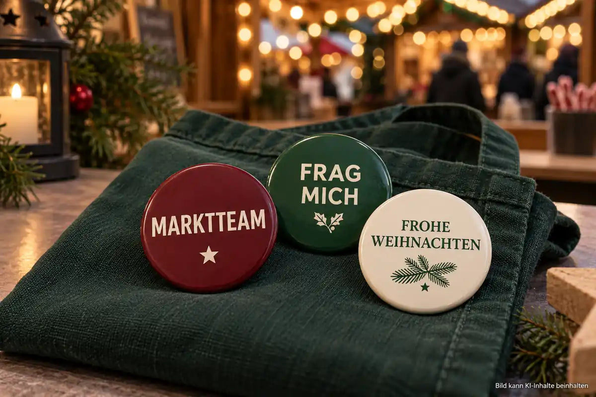 Metallbuttons mit Marktteam, Frag mich und Frohe Weihnachten vor einem Weihnachtsmarktstand