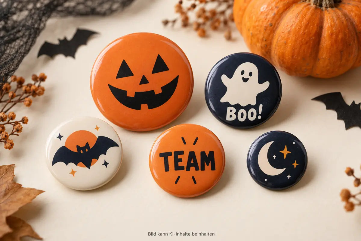 Fünf runde Halloween-Buttons mit Kürbisgesicht, Gespenst, Fledermaus, TEAM-Schriftzug und Mondmotiv