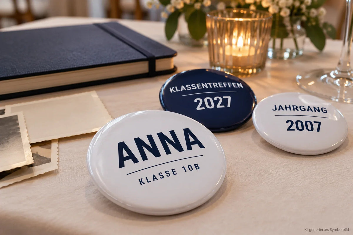 Blau-weiße Buttons fürs Klassentreffen mit Anna, Klasse 10B und Jahrgang 2007 – KI-Symbolbild