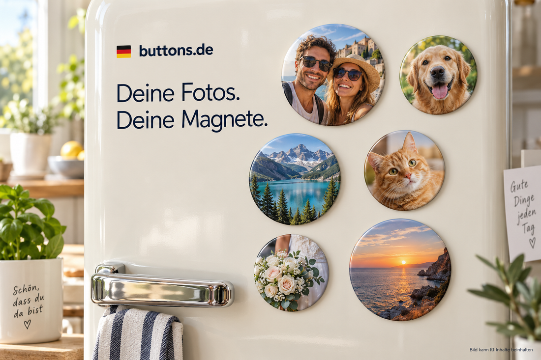 Sechs vollflächig bedruckte Fotomagnet-Buttons mit Urlaubs-, Tier- und Naturmotiven an einer hellen Kühlschranktür.