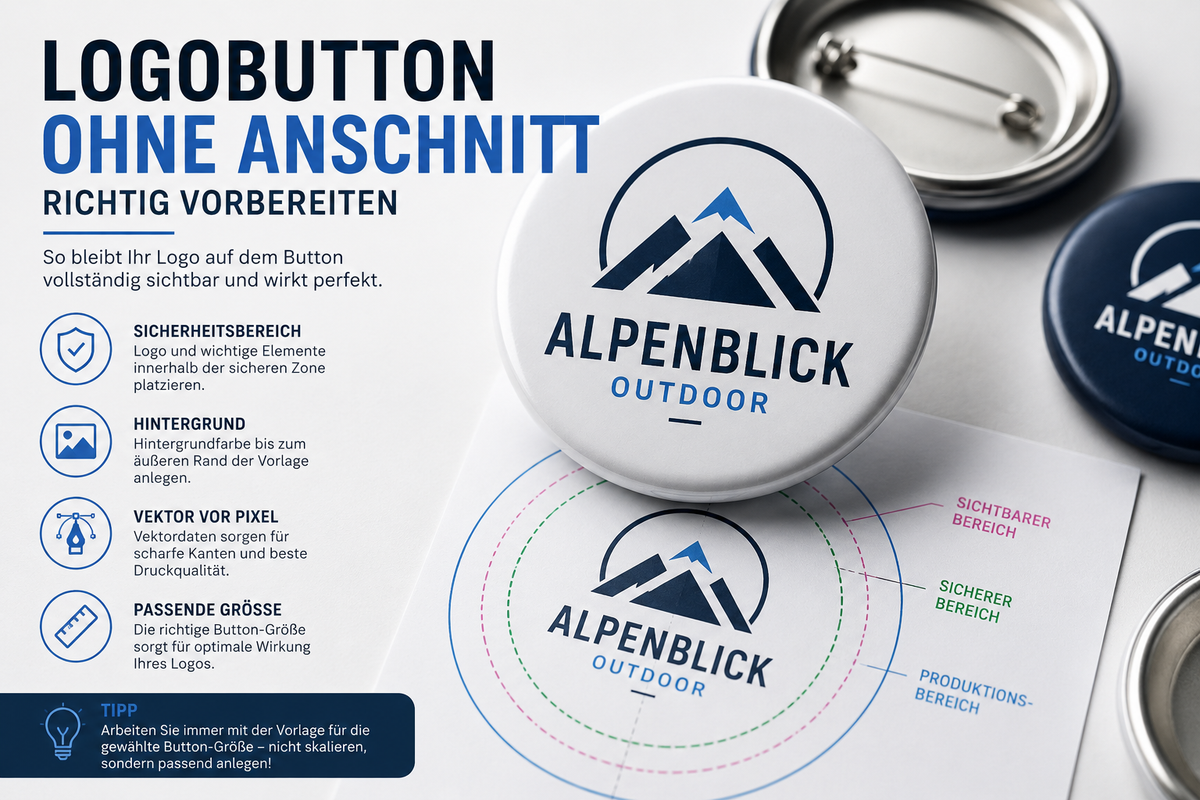 Logobutton ohne Anschnitt richtig vorbereiten mit Sicherheitsbereich, Druckvorlage und Button-Logo