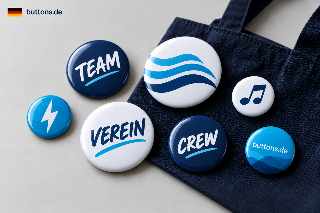 Blaue und weiße Ansteckbuttons mit Team-, Vereins- und Crew-Motiven als Merchandise-Set auf einer dunkelblauen Stofftasche