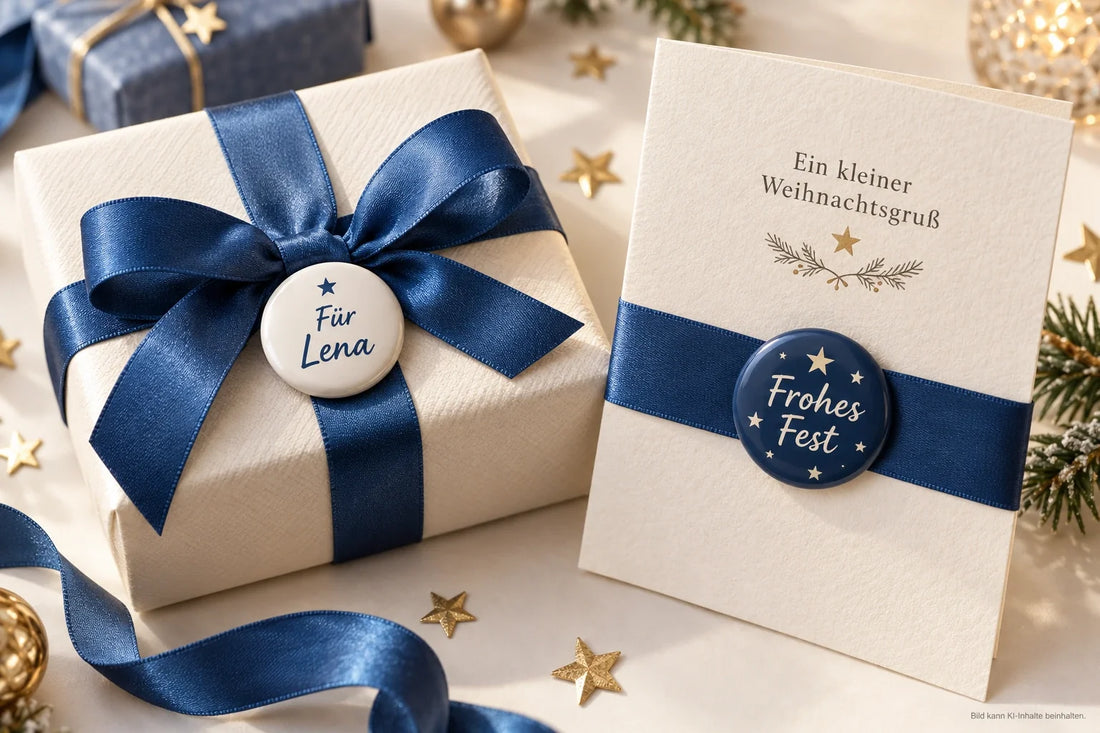 Weihnachtsgeschenk mit Namensbutton Für Lena und Grußkarte mit Frohes-Fest-Button an blauen Stoffbändern