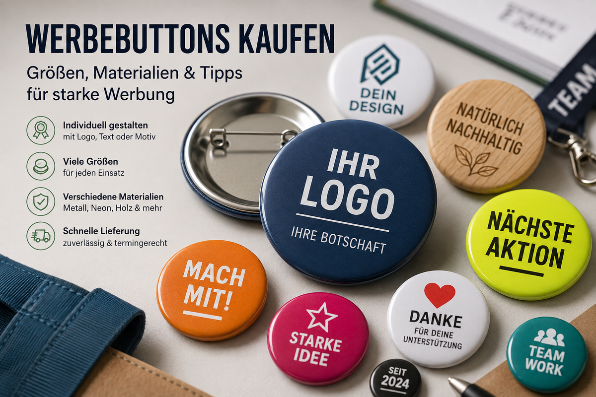 Individuelle Werbebuttons mit Logo für Unternehmen, Messen und Veranstaltungen