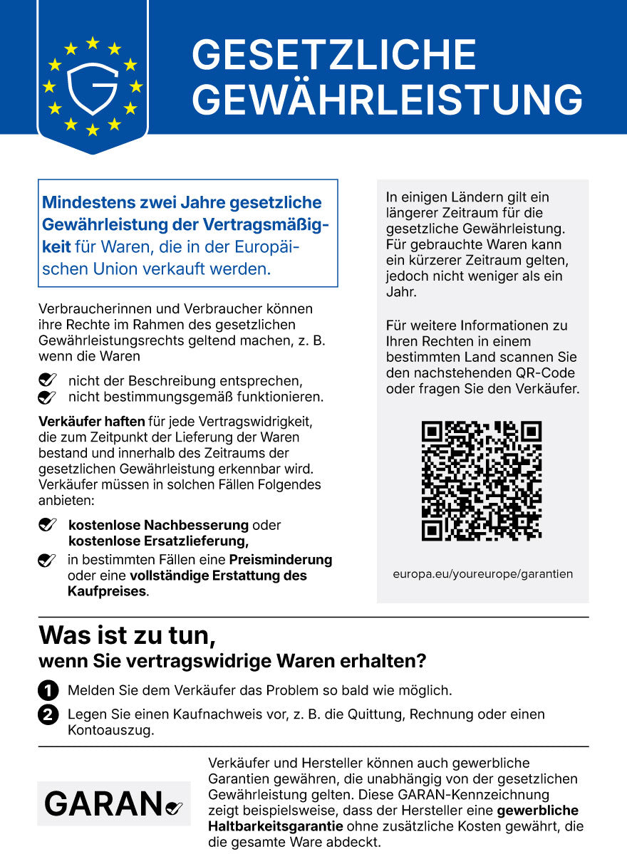 EU-Hinweis zur gesetzlichen Gewährleistung für Waren